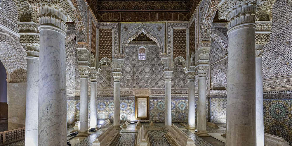 Carved marble columns inside the Saadian Tombs mausoleum, Marrakech