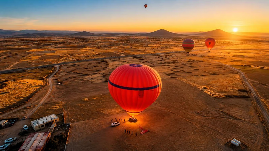 Hot-air balloon over Marrakech Palmeraie at sunrise
